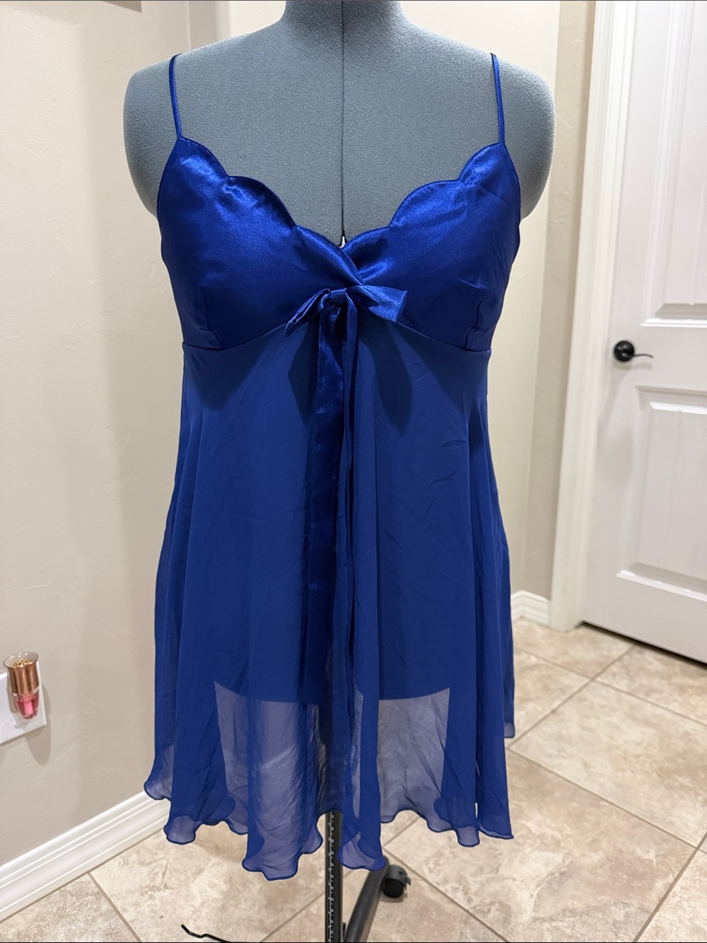 Victoria's Secret Royal Blue Satin & Sheer Tie-Front Chemise